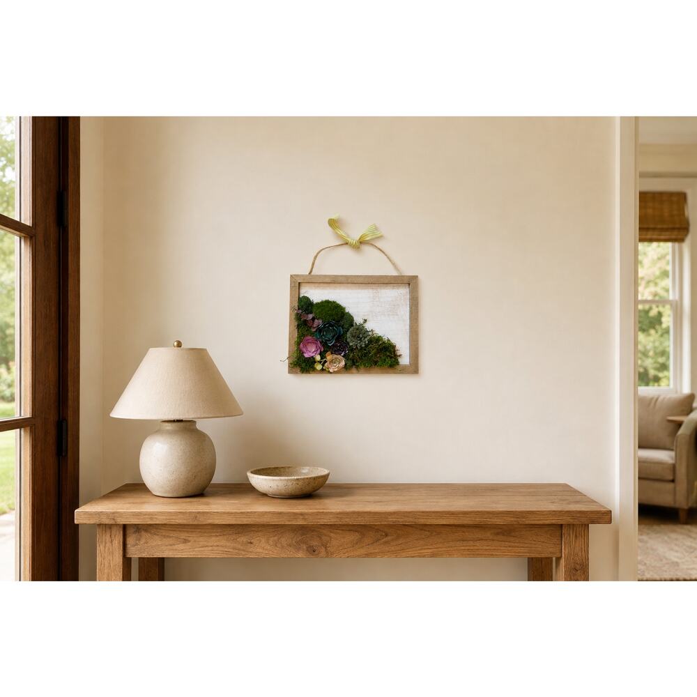 Handmade 8x10 Preserved Moss Wall Art w/ Paper Succulents Rustic Botanical Decor - Picture 2 of 12